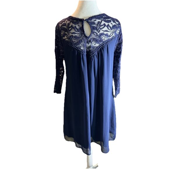 Navy Blue Lace Chiffon Babydoll Dress Sheer Sleeves Coquette Fairycore Size L - Picture 3 of 6
